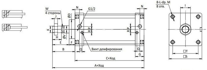 Пневмоцилиндр двухстороннего действия ПГС SC32x100, Ду32, ход поршня 100мм, с односторонним штоком, без магнита